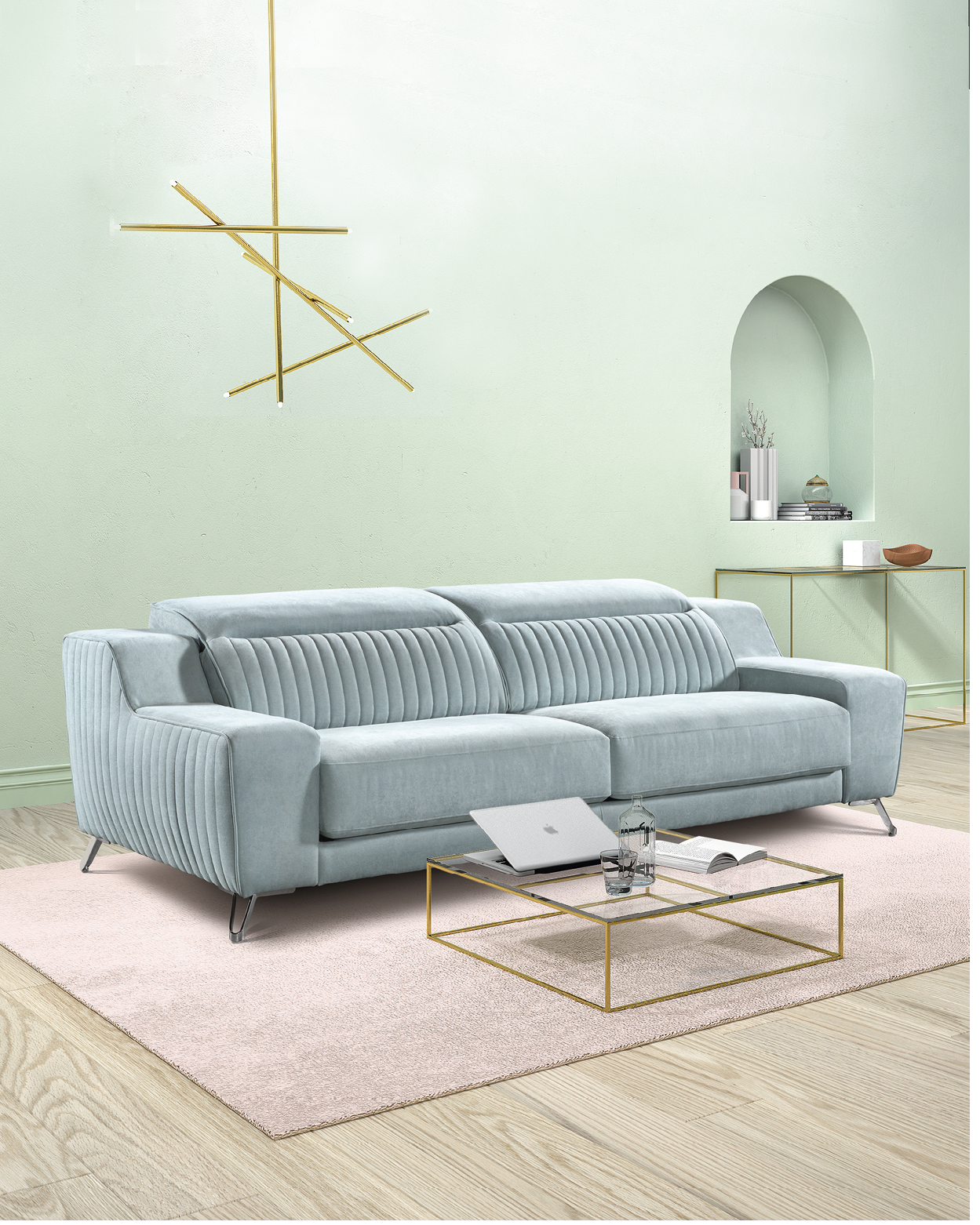 Interior of living room with coffee table and blue armchair, home design 3d rendering