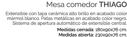 Mesa comedor THIAGO Extensible con tapa cer mica alto brillo en acabado color m rmol blanco. Patas met licas en acaba...
