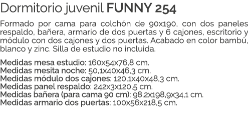 Dormitorio juvenil FUNNY 254 Formado por cama para colch n de 90x190, con dos paneles respaldo, ba era, armario de do...