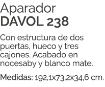 Aparador DAVOL 238 Con estructura de dos puertas, hueco y tres cajones. Acabado en nocesaby y blanco mate. Medidas: 1...