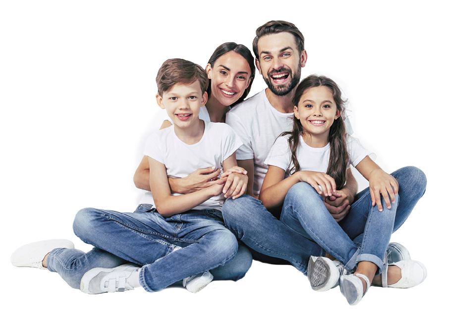 Beautiful and happy smiling young family in white T-shirts are hugging and have a fun time together while sitting on the floor and looking on camera