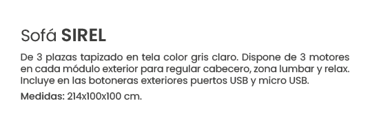 Sof SIREL De 3 plazas tapizado en tela color gris claro. Dispone de 3 motores en cada m dulo exterior para regular c...