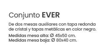 Conjunto EVER De dos mesas auxiliares con tapa redonda de cristal y tapas met licas en color negro. Medidas mesa alta...