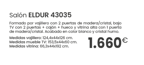 1.660€,Sal n ELDUR 43035 Formado por vajillero con 2 puertas de madera/cristal, bajo TV con 2 puertas + caj n + hueco...
